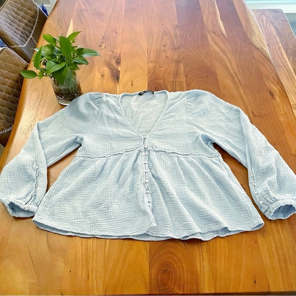 ZARA Blue Pastel Babydoll Cotton V Neck Button Front Long Sleeves Blouse Top. - Picture 6 of 11